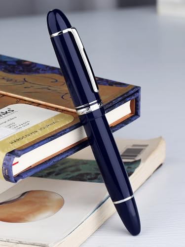 erofa Majohn P141 Piston Fountain Pen NO.8 Fine Nib, Blue Resin with Ink Window Writing Gift Pen with Box, Silver Trim - Image 5
