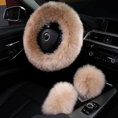AOGELAN 3Pcs Set Fashion Fluffy Fuzzy Wool Fur Soft Car Steering Wheel Cover with Handbrake Cover & Gear Shift Cover for Women/Girls/Ladies Auto Long Wool Accessories - Image 1