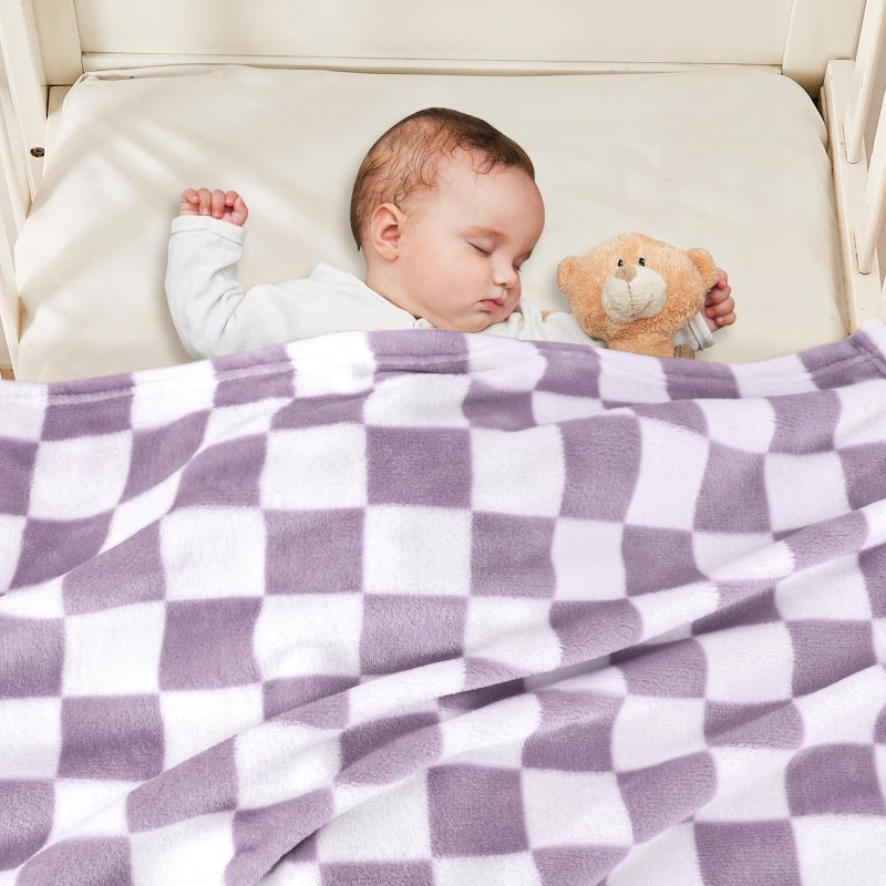 Yurhap Checkered Baby Blanket Fleece Baby Blankets for Girls, Ultra Soft Cozy Fluffy Infant Toddler Newborn Receiving Blankets for Crib Stroller, 30''x40'', Purple - Image 3
