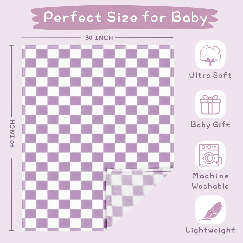 Yurhap Checkered Baby Blanket Fleece Baby Blankets for Girls, Ultra Soft Cozy Fluffy Infant Toddler Newborn Receiving Blankets for Crib Stroller, 30''x40'', Purple - Image 4