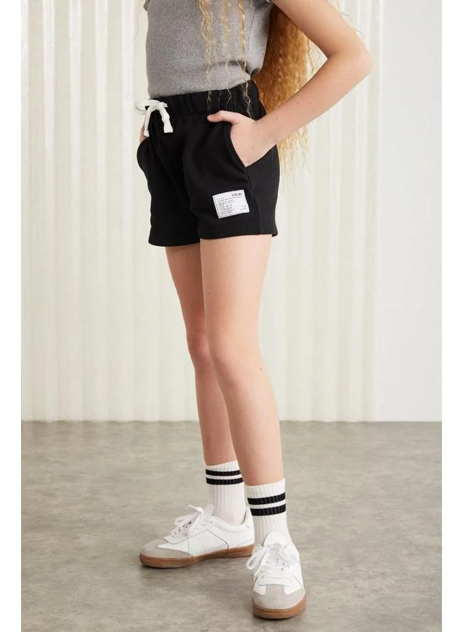 GRIMELANGE AMARE-GRM24037 100% cotton 3‑ply decorative label girls' shorts – Black Short.