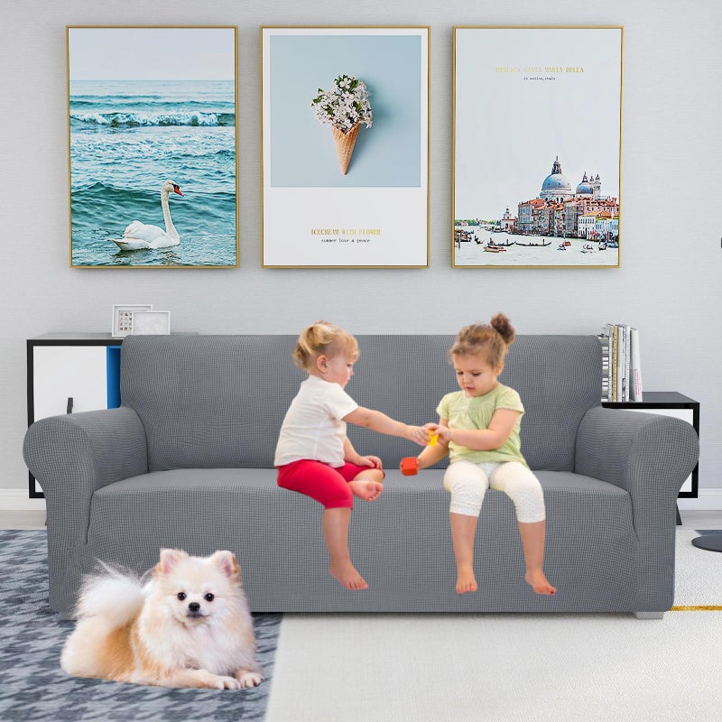 Jiviner High Stretch Couch Covers For 3 Cushion Couch 1-Piece Jacquard Sofa Slipcovers Fitted Washable Sofa Covers With Elastic Bottom Furniture Protector For Kids Pets (Sofa Light Gray) - Image 2