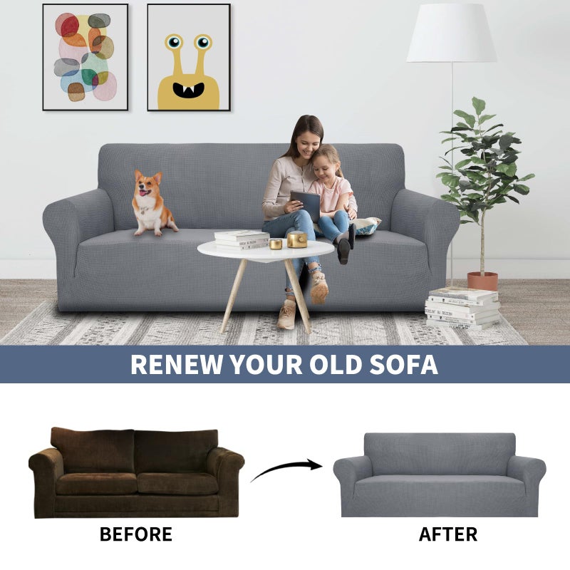 Jiviner High Stretch Couch Covers For 3 Cushion Couch 1-Piece Jacquard Sofa Slipcovers Fitted Washable Sofa Covers With Elastic Bottom Furniture Protector For Kids Pets (Sofa Light Gray) - Image 4