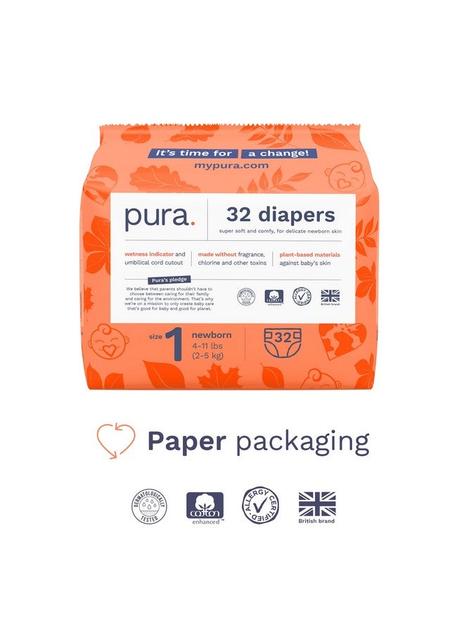 Pura Hypoallergenic Diapers, Size 1 (4-11lbs), Newborn, Totally Chlorine Free, Wetness Indicator, Suitable for Sensitive Skin, Soft Organic Cotton Comfort, Overnight, 3 Packs of 32 (96 Baby Diapers) - Image 2