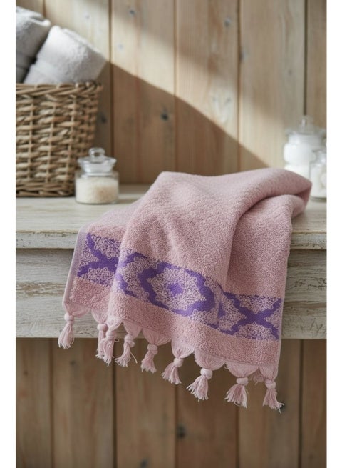 Set of 3 rose hand towel ,30*50,with a decorative purple border and tassel details. Gentle, absorbent, and adds a stylish touch to any bathroom.