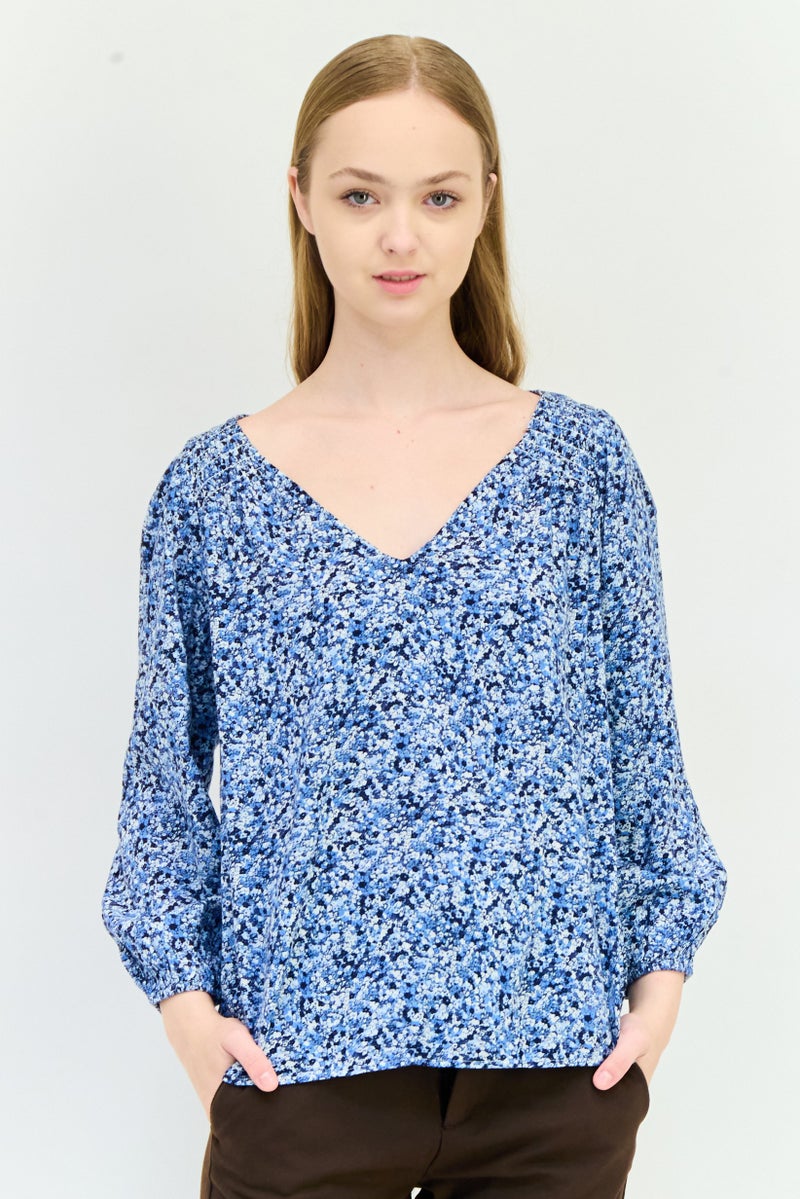 GAP Women V-neck Long Sleeve Floral Print Top, Multicolor - Image 1