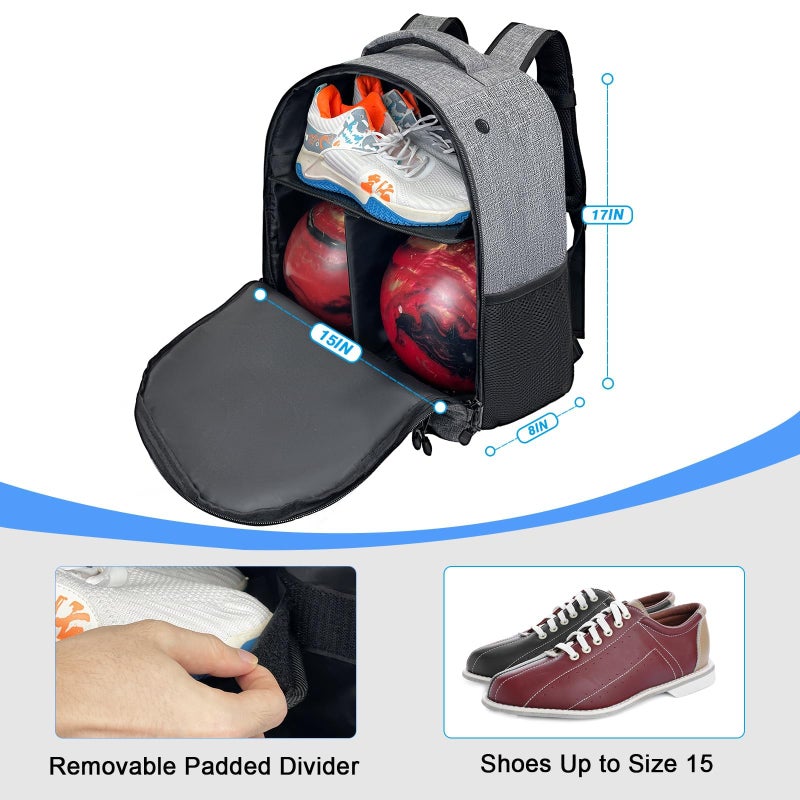 DAFISKY Bowling Ball Bag 2 Ball Bowling Backpack for Single or 2 Balls with Shoes Compartment Fits Up to US Size 15 - Image 2