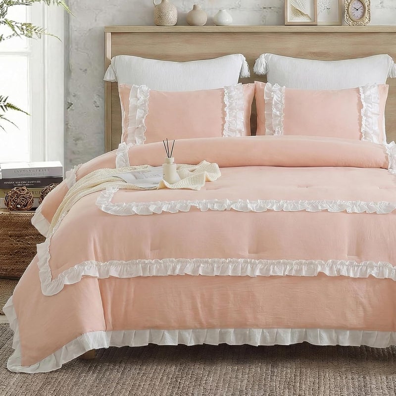 Bedorm Pink Comforter Set White Ruffle Bedding Set Pleated Fringe Pink Ruffled Comforter Romantic French Style Farmhouse Country Bed Comforter Queen for All Season - Image 1
