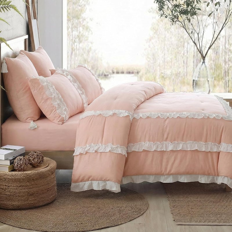 Bedorm Pink Comforter Set White Ruffle Bedding Set Pleated Fringe Pink Ruffled Comforter Romantic French Style Farmhouse Country Bed Comforter Queen for All Season - Image 3