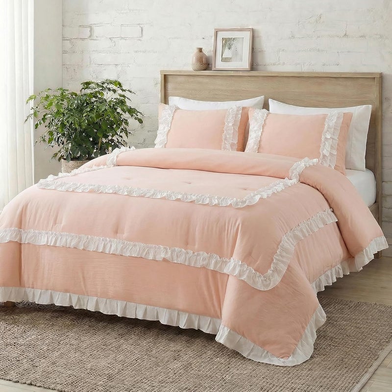 Bedorm Pink Comforter Set White Ruffle Bedding Set Pleated Fringe Pink Ruffled Comforter Romantic French Style Farmhouse Country Bed Comforter Queen for All Season - Image 4
