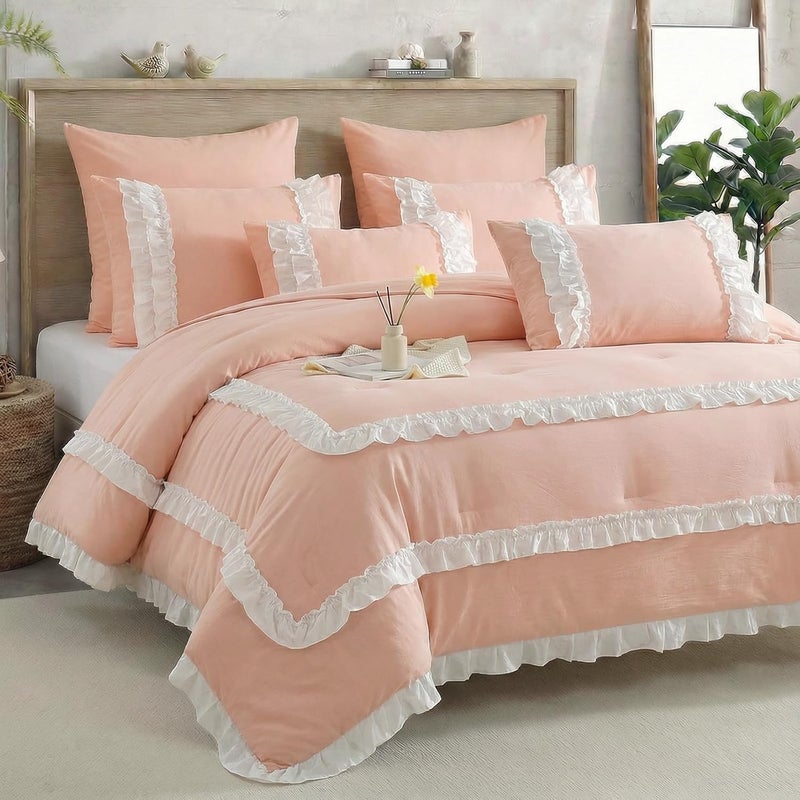 Bedorm Pink Comforter Set White Ruffle Bedding Set Pleated Fringe Pink Ruffled Comforter Romantic French Style Farmhouse Country Bed Comforter Queen for All Season - Image 2