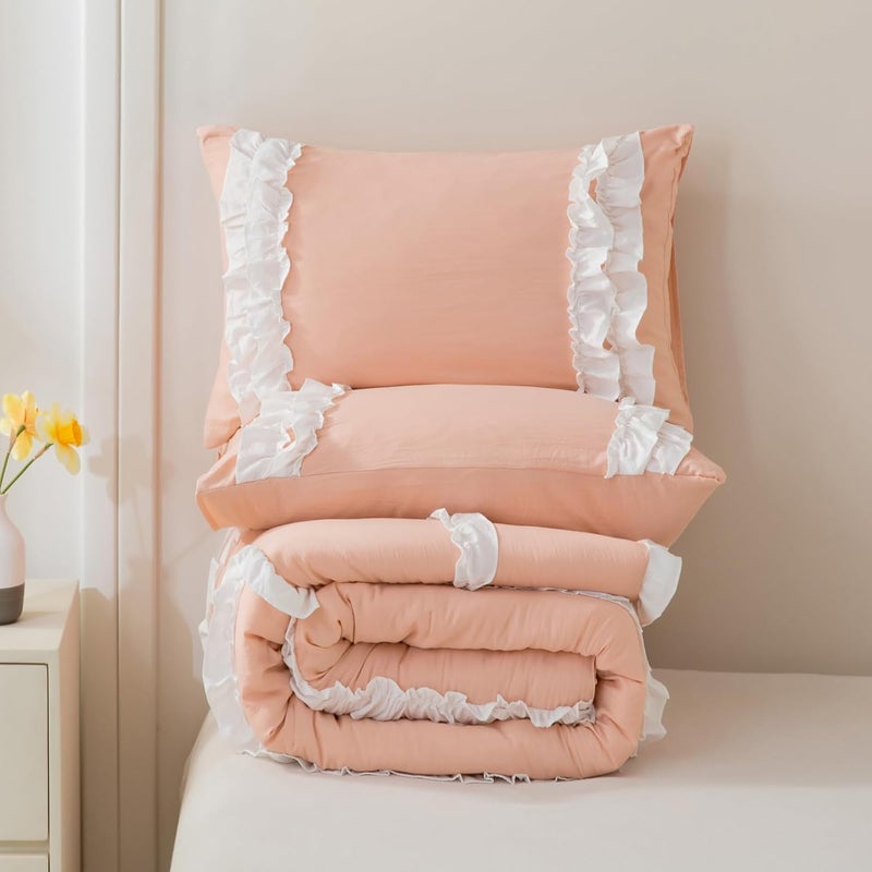 Bedorm Pink Comforter Set White Ruffle Bedding Set Pleated Fringe Pink Ruffled Comforter Romantic French Style Farmhouse Country Bed Comforter Queen for All Season - Image 5
