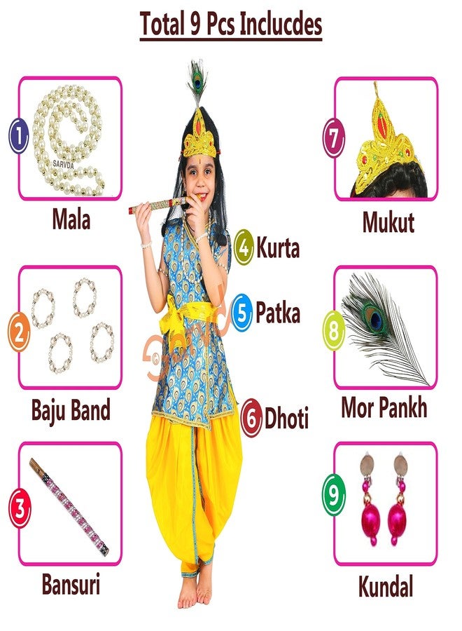 Sarvda Brocade Shree Krishna Dress For Baby Boy & Radha Dress For Girls | Janamashtami Dress | Fancy Dress Costume With Accessories Dhoti, Dupatta, Mukut Flute Complete Set, Ethnic Wear - Image 3