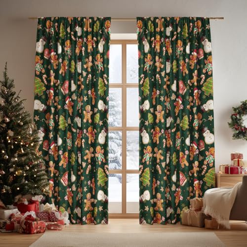 Horaldaily Christmas Sheer Valance Curtains for Living Room and Bedroom Gingerbread Man Snowman Foil Print Green Curtains Holiday Window Drapes Decorations 52 W x 14 L Set of 2 Curtain Panels - Image 1