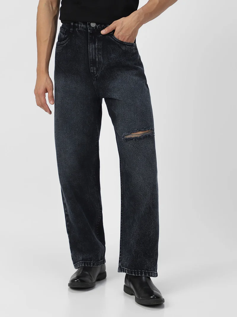 Urbano Fashion  Urbano Fashion Men's Black Loose Baggy Fit Washed Distressed/Torn Jeans Non-Stretchable for Men | Best Price UAE