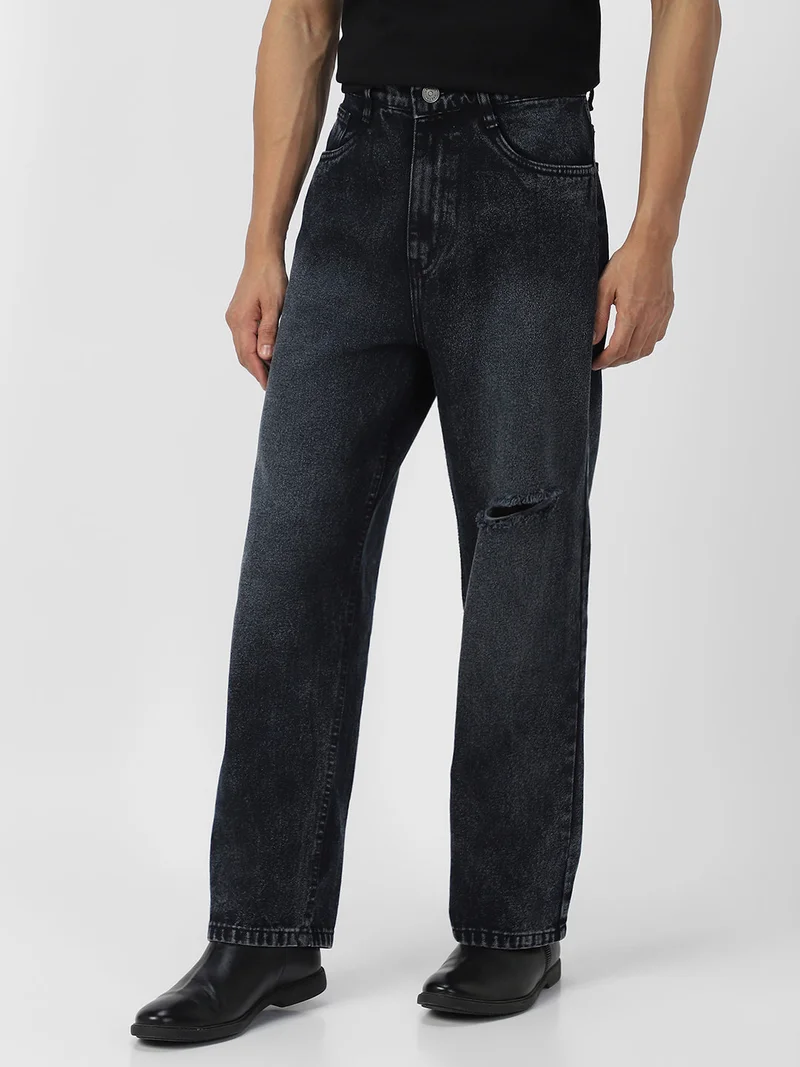 Urbano Fashion  Urbano Fashion Men's Black Loose Baggy Fit Washed Distressed/Torn Jeans Non-Stretchable for Men | Best Price UAE