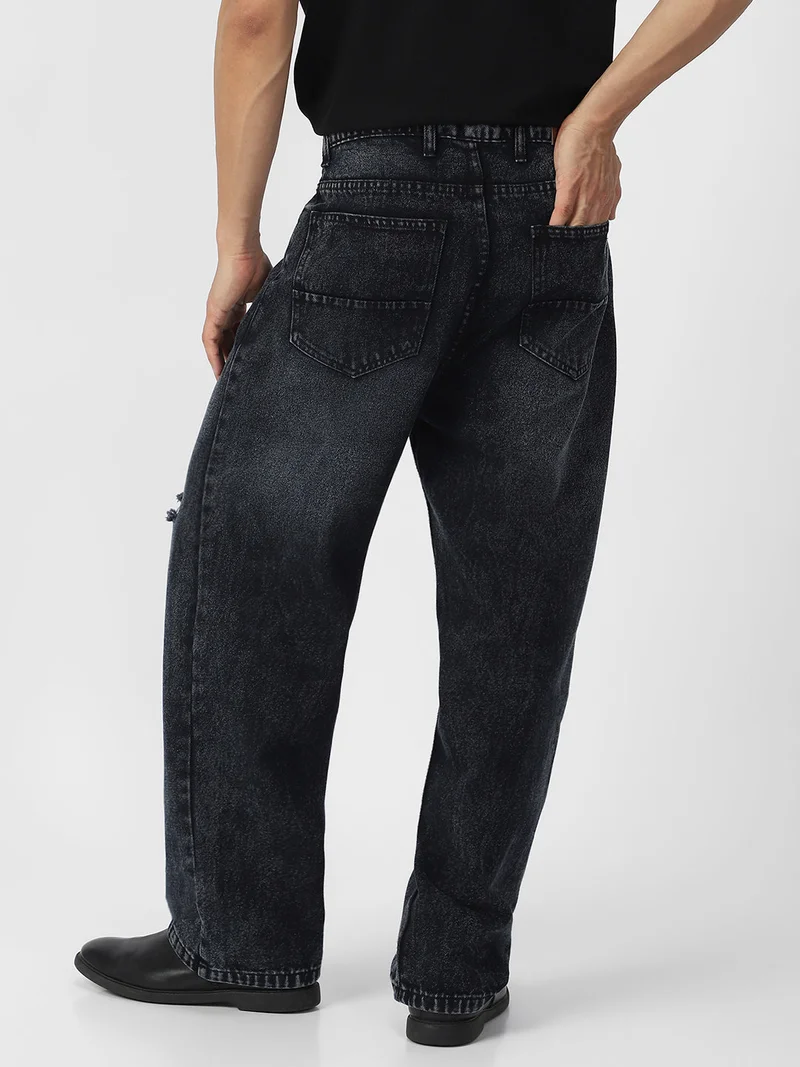 Urbano Fashion  Urbano Fashion Men's Black Loose Baggy Fit Washed Distressed/Torn Jeans Non-Stretchable for Men | Best Price UAE
