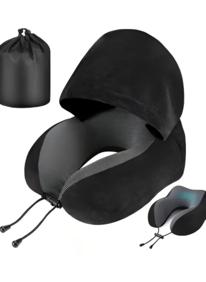KIEA Travel Pillow, Neck Pillow for Travel with Hood for Airplane, Velvet Memory Foam Neck Pillow Adult Head  Neck Support, for Long Flights Plane, Office, Cars Sleeping  Rest (Black) - Image 1