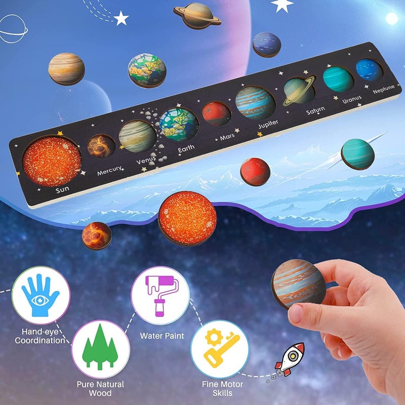 Wooden Puzzles for Toddlers, Space Puzzle for Solar System, Educational Toys for Kids, Preschool Learning Puzzle, Montessori Early Development and Activities for Toddlers Boy Girl Gifts (9PCS) - Image 3