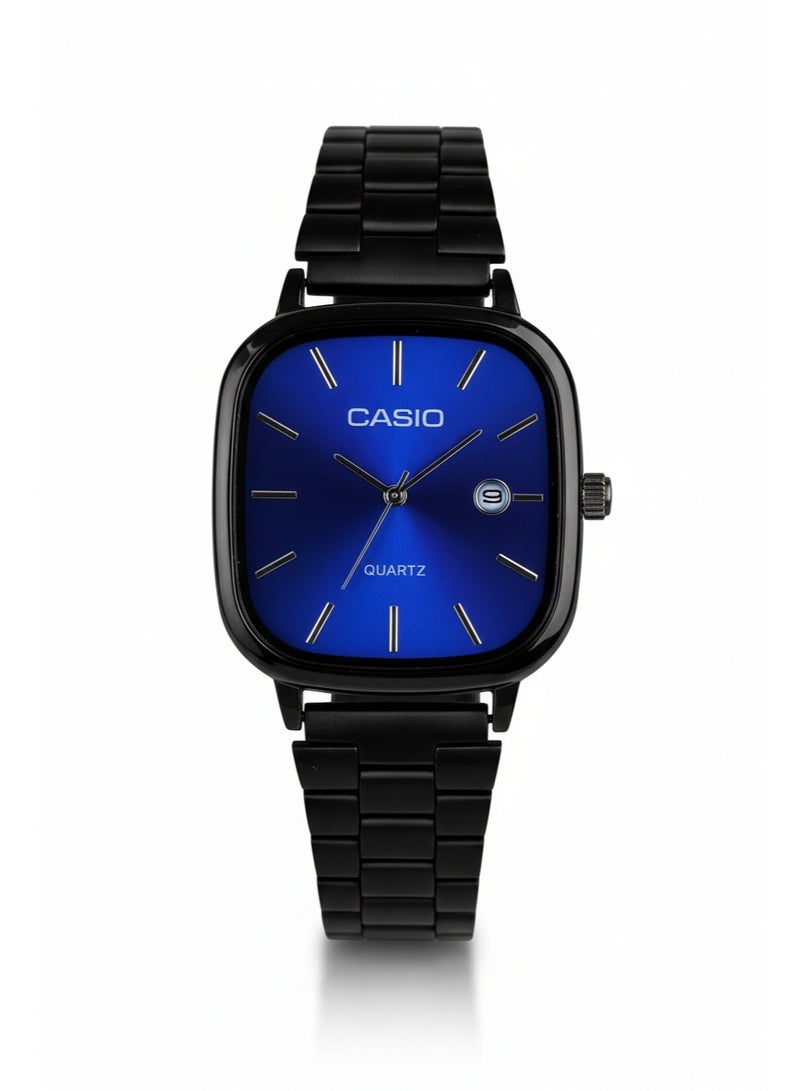 كاسيو 🟦 Long Description (English)  Elevate your style with this Casio Men’s Analog Quartz Watch, featuring a bold blue sunray dial and a sleek black stainless steel bracelet. Designed with a modern square case, this watch combines contemporary elegance with everyday functionality. The precise quartz movement ensures accurate timekeeping, while the date window adds practical convenience. Ideal for daily wear, office use, and smart-casual outfits.  🟦 Feature Bullets (English)  Reliable Quartz Movement for precise time accuracy  Modern Square Case with black stainless steel finish  Eye-catching Blue Sunray Dial with clear hour markers  Convenient Date Display at 3 o’clock  Durable Black Stainless Steel Bracelet with secure clasp  Suitable for daily wear, office & casual occasions  🟨 عنوان المنتج (العربية)  ساعة كاسيو رجالي أنالوج كوارتز بسوار ستانلس ستيل أسود، إطار مربع وقرص أزرق مع عرض التاريخ - Image 1
