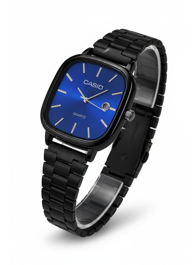 كاسيو 🟦 Long Description (English)  Elevate your style with this Casio Men’s Analog Quartz Watch, featuring a bold blue sunray dial and a sleek black stainless steel bracelet. Designed with a modern square case, this watch combines contemporary elegance with everyday functionality. The precise quartz movement ensures accurate timekeeping, while the date window adds practical convenience. Ideal for daily wear, office use, and smart-casual outfits.  🟦 Feature Bullets (English)  Reliable Quartz Movement for precise time accuracy  Modern Square Case with black stainless steel finish  Eye-catching Blue Sunray Dial with clear hour markers  Convenient Date Display at 3 o’clock  Durable Black Stainless Steel Bracelet with secure clasp  Suitable for daily wear, office & casual occasions  🟨 عنوان المنتج (العربية)  ساعة كاسيو رجالي أنالوج كوارتز بسوار ستانلس ستيل أسود، إطار مربع وقرص أزرق مع عرض التاريخ - Image 2