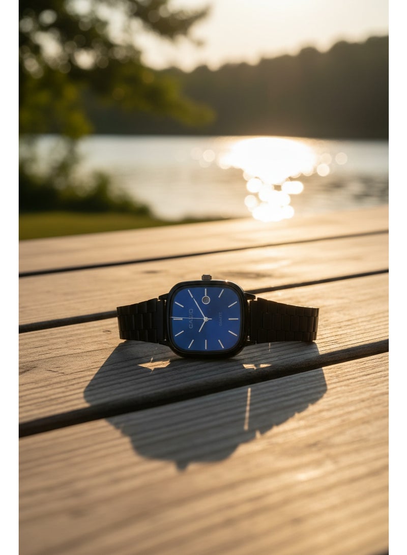 كاسيو 🟦 Long Description (English)  Elevate your style with this Casio Men’s Analog Quartz Watch, featuring a bold blue sunray dial and a sleek black stainless steel bracelet. Designed with a modern square case, this watch combines contemporary elegance with everyday functionality. The precise quartz movement ensures accurate timekeeping, while the date window adds practical convenience. Ideal for daily wear, office use, and smart-casual outfits.  🟦 Feature Bullets (English)  Reliable Quartz Movement for precise time accuracy  Modern Square Case with black stainless steel finish  Eye-catching Blue Sunray Dial with clear hour markers  Convenient Date Display at 3 o’clock  Durable Black Stainless Steel Bracelet with secure clasp  Suitable for daily wear, office & casual occasions  🟨 عنوان المنتج (العربية)  ساعة كاسيو رجالي أنالوج كوارتز بسوار ستانلس ستيل أسود، إطار مربع وقرص أزرق مع عرض التاريخ - Image 3