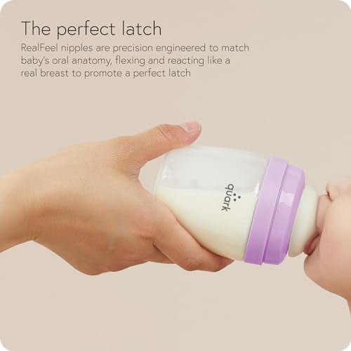 Quark BuubiBottle Max Slow Flow Bottle for Newborn Babies by Quark - with Anti-Colic RealFeel Nipple to Simulate Breastfeeding - BPA-Free, PVC-Free, Toxin-Free - 8 Oz Bottle with Lid, 2 Pack - Purple - Image 4