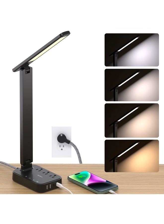 Addtam LED Desk Lamp, Power Strip with 3 Outlets 4 USB Charging Ports(2 USBC), 4 Modes 5 Level Brightness Touch Lamp, Small Desk Lamp for Home Office College Dorm Room Essentials - Image 1