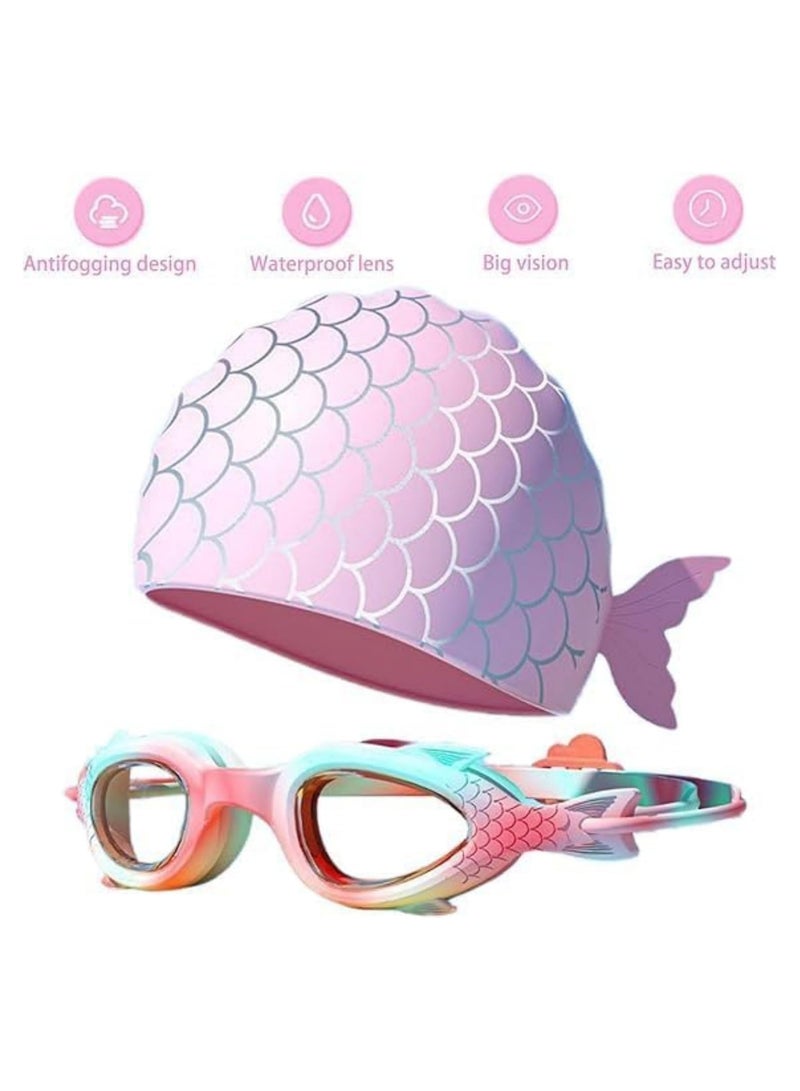 INSIJAM Swimming Cap and Goggles Set for Kids Waterproof Cloth Bathing Cap with Cute Cartoon Design for Boys and Girls - Ages 3-12 - Image 3