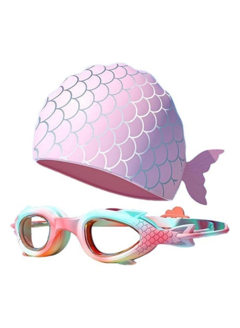 INSIJAM Swimming Cap and Goggles Set for Kids Waterproof Cloth Bathing Cap with Cute Cartoon Design for Boys and Girls - Ages 3-12 - Image 1