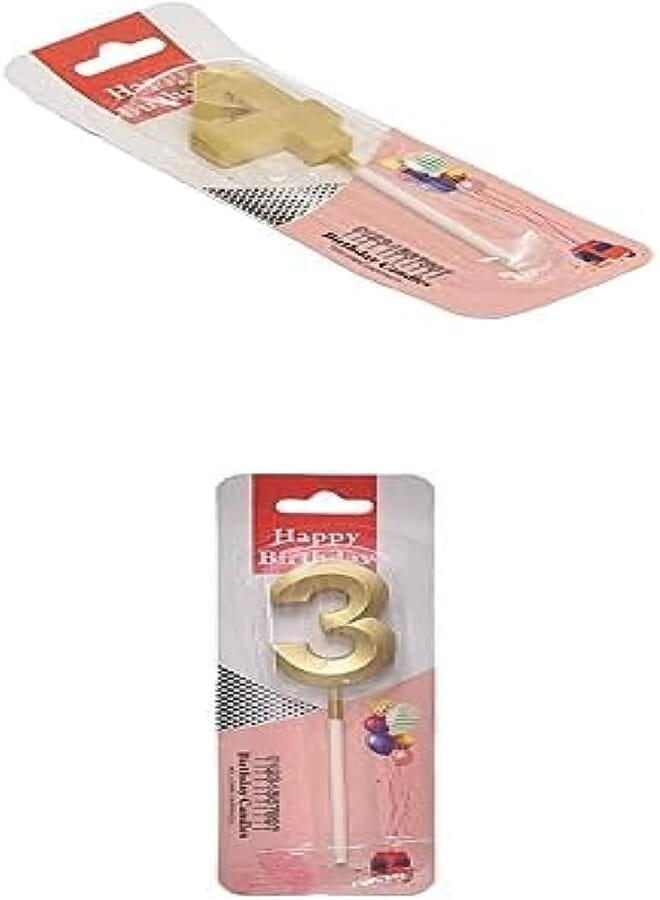 Small birthday glitter candle with number 4 design for cake decoration - gold + Small birthday glitter candle with number 3 design for cake decoration - gold