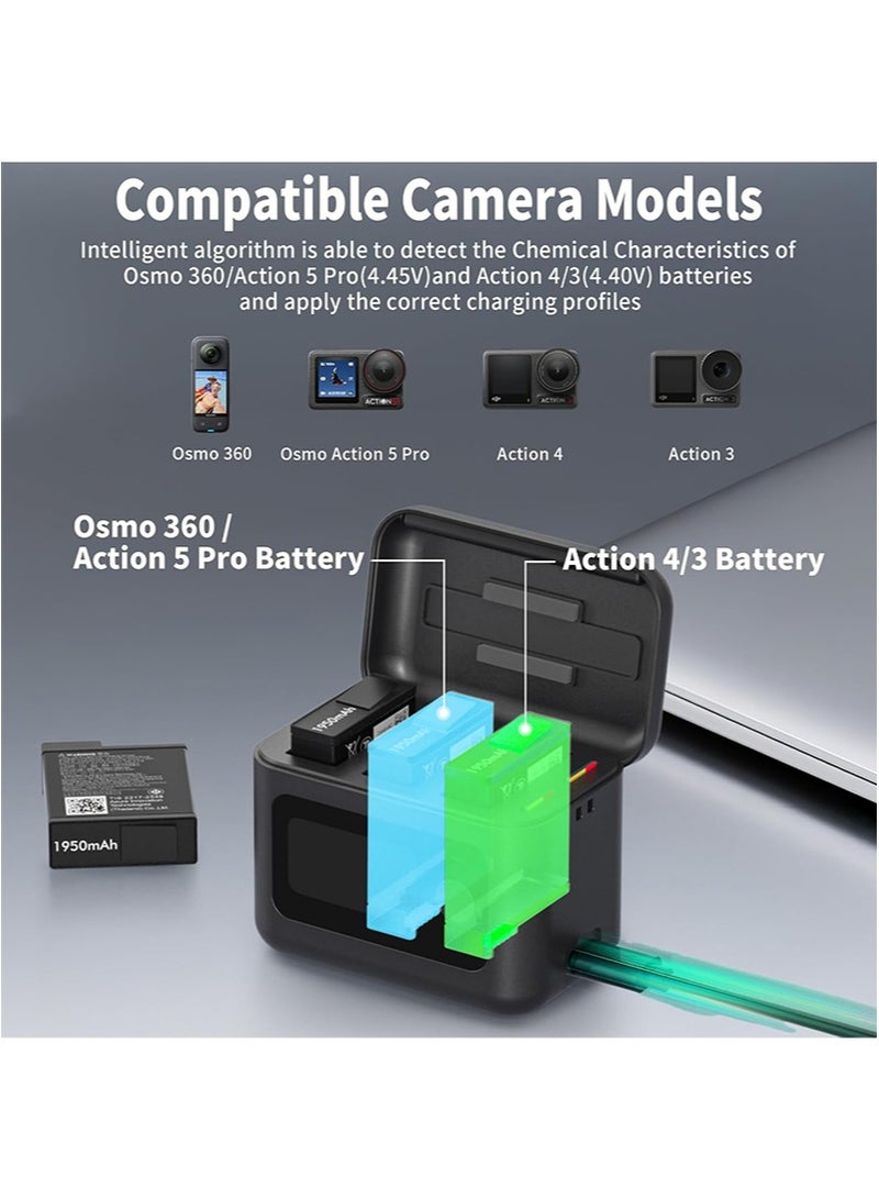 اس واي ام اي كيه شاحن لـ DJI Osmo Action، بطاريات Osmo 360/5 Pro/4/3 ثلاث فتحات 27 وات محور شحن سريع يدعم بطاريات DJI 10 وات بنك طاقة شاشة LED ذكية لعرض مستوى الشحن - Image 2