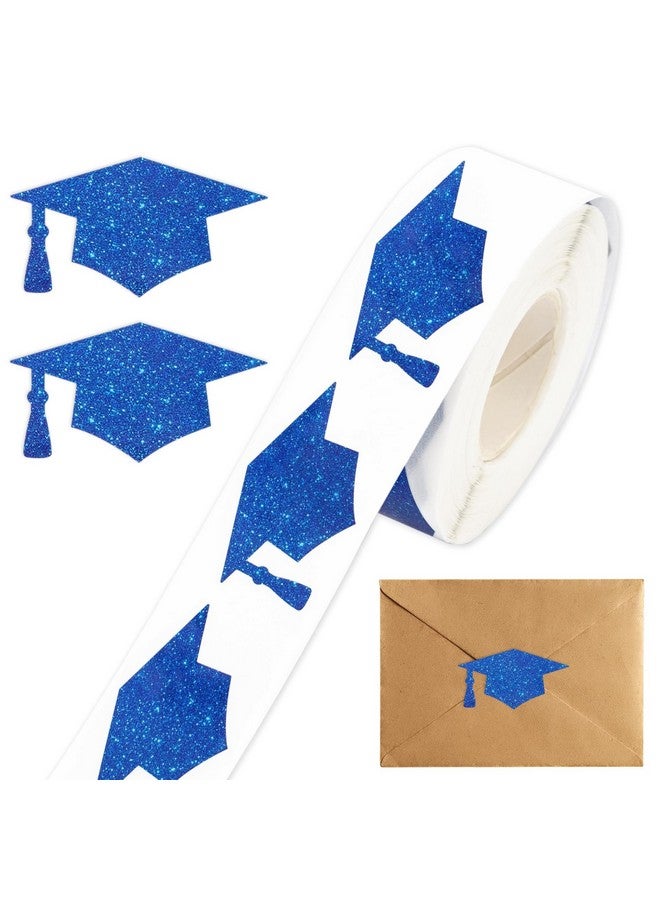 Whaline 600Pcs Blue Graduation Cap Stickers Laser Silver Graduation Hat Sealing Labels Grad Party Favor Selfadhesive Stickers For College High School Graduation Party Supplies 1.5X0.8 Inch - Image 1