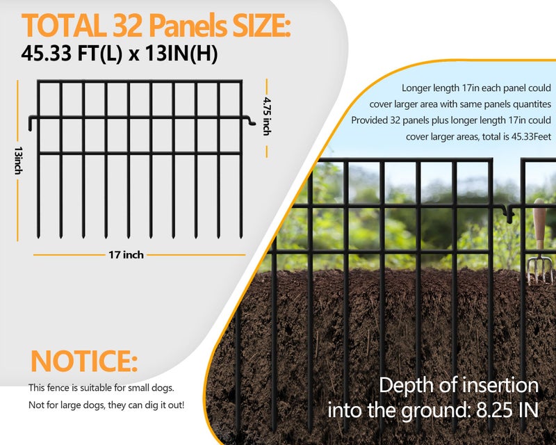 KYATE 45.33ft(L) X 13in(H) Animal Barrier Fence No Dig, 32 Panels Rabbit Fences for Garden, Dog Digging Ground Defense Border Small Metal Fencing Under Barriers Blocker, Flower Bed, Patio - Image 2
