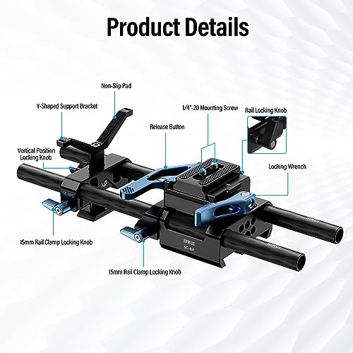 SIRUI Universal Camera 15mm Rod Rail Baseplate with Dual Carbon Fiber Rods, Y-Shaped Lens Bracket, Quick Release Plate and Clamp Set, Rod Rail Base Plate for Tripod, Shoulder Rig, SC-BPS - Image 2