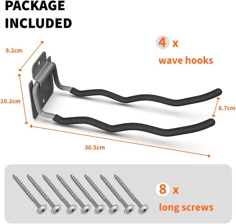 TORACK Garage Hooks Tool Organizer, 4 Pack Heavy Duty Steel 12" Wave Hooks, Wall Mount Garage Storage Utility Hook for Car Tires, Ladder, Chairs, Power Tools, Garden Tools - Image 3
