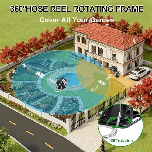 SPECILITE Upgraded Metal Garden Hose Reel With 100 Ft 304 Stainless Steel Water Pipe, Heavy Duty Anti-UV Wall Mount/Freestanding Spool with Nozzle, 3/4'' Brass Fittings, 360° Rotation Frame for Yard - Image 3