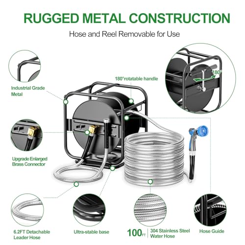 SPECILITE Upgraded Metal Garden Hose Reel With 100 Ft 304 Stainless Steel Water Pipe, Heavy Duty Anti-UV Wall Mount/Freestanding Spool with Nozzle, 3/4'' Brass Fittings, 360° Rotation Frame for Yard - Image 2