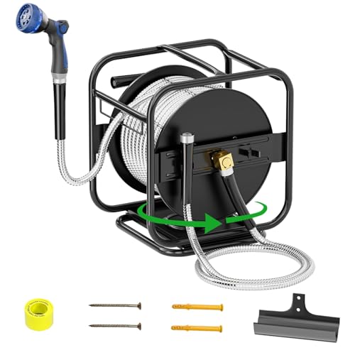 SPECILITE Upgraded Metal Garden Hose Reel With 100 Ft 304 Stainless Steel Water Pipe, Heavy Duty Anti-UV Wall Mount/Freestanding Spool with Nozzle, 3/4'' Brass Fittings, 360° Rotation Frame for Yard - Image 1
