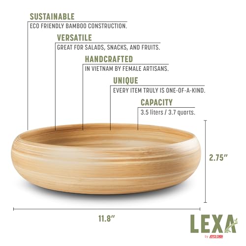 LEXA 12" Handmade Natural Bamboo Wooden Fruit Bowl for Kitchen Counter - 130 oz Lightweight Large Bamboo Wood Salad Bowl - Image 2