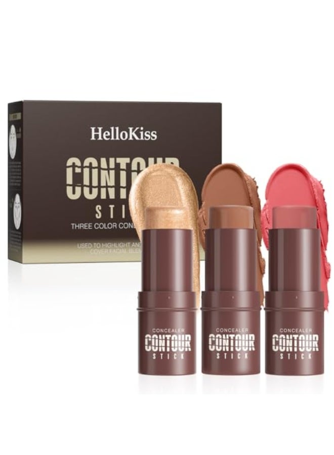 HelloKiss 3Set Contouring Stick Set: Blush Bronzer Highlighter Trio for Natural Makeup, Long-Lasting & Travel-Friendly | Ideal for Middle Eastern Climate (Set-B, Standard) - Image 1