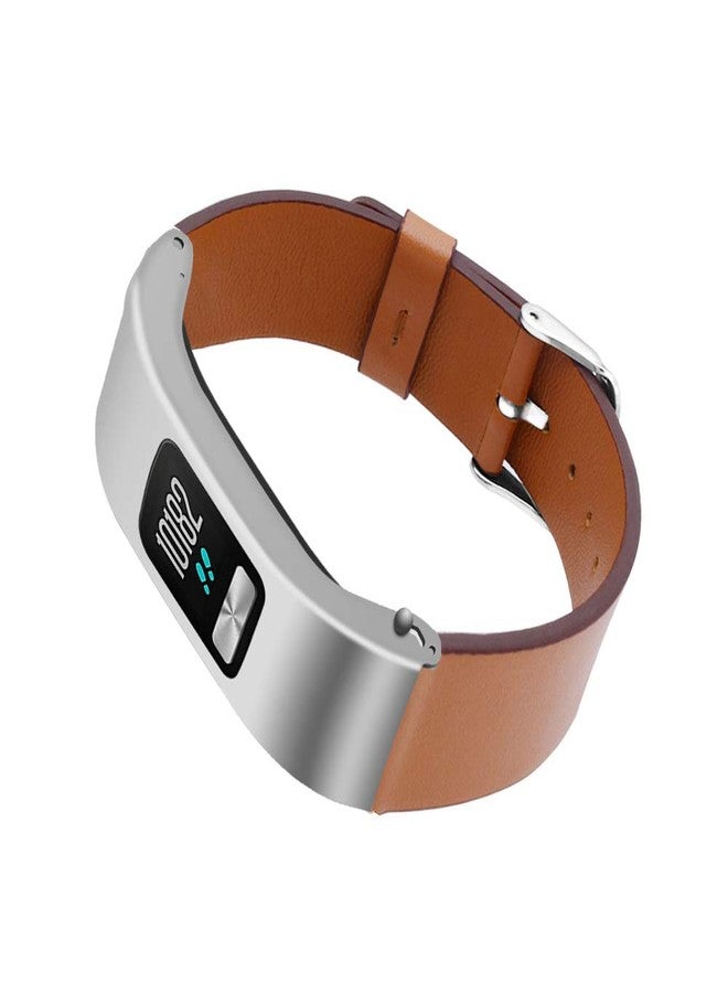 C2D JOY DuiGong Compatible for Garmin vivofit 4 Bands for Women Replacement Leather Strap with Silver Stainless Steel Protector Case - Brown - Image 1