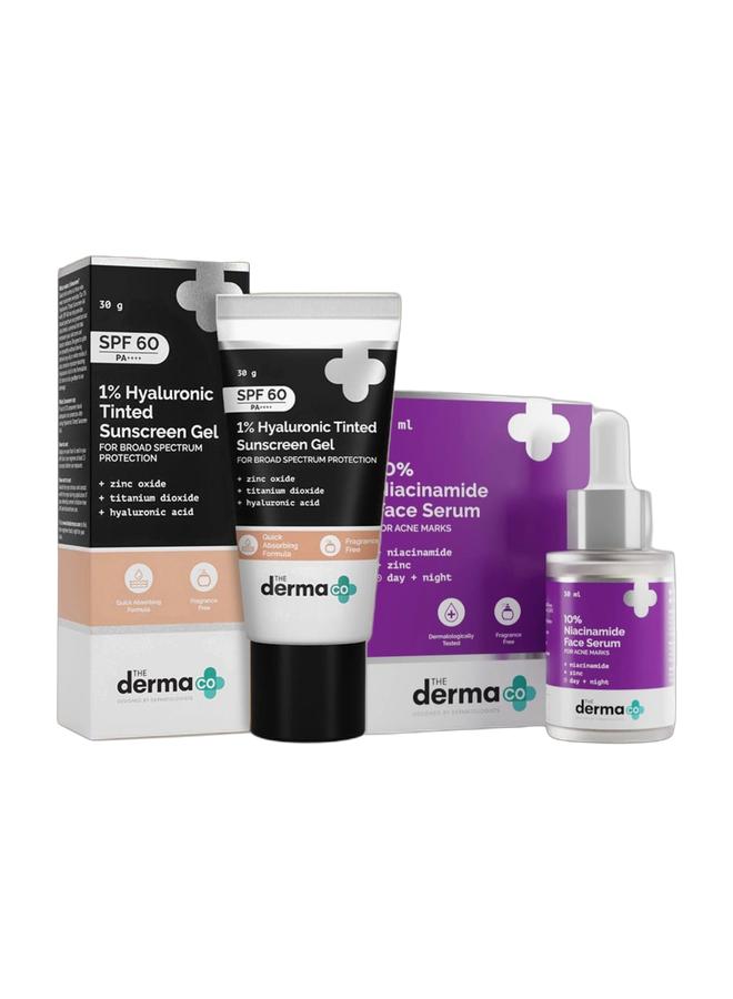 The Derma Co Combo 10% Niacinamide Face Serum 30ml & 1% Hyaluronic Tinted Sunscreen Gel SPF 60 PA++++ 30g – Fades Acne Marks, Controls Oil, Protects from Sun, No White Cast, Lightweight & Hydrating - Image 1