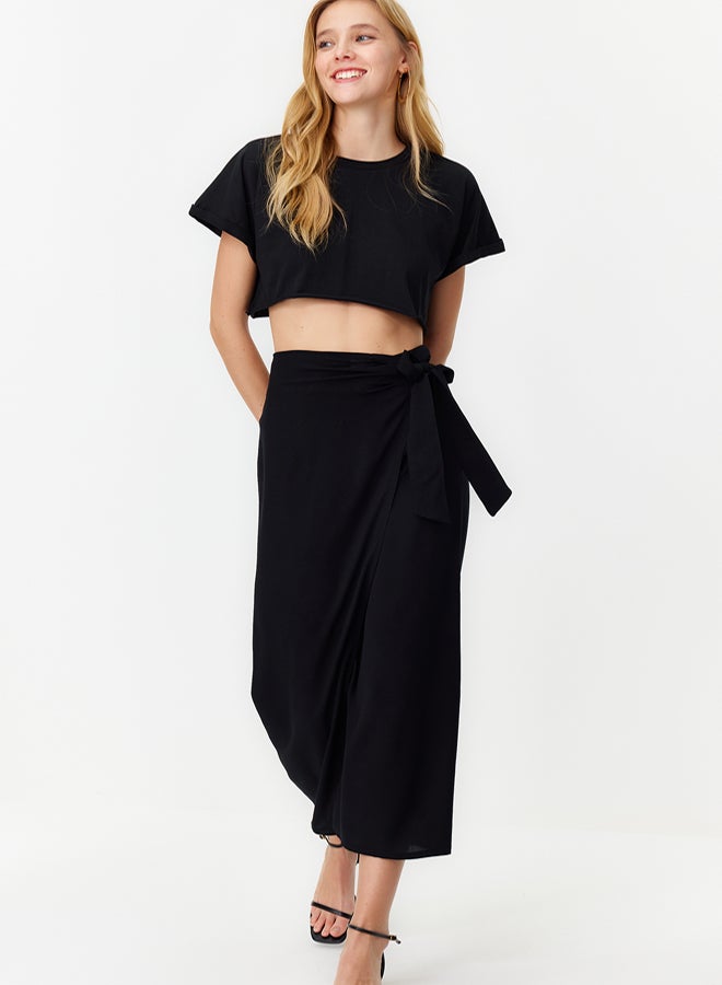 trendyol Black Tied Viscose Woven Skirt TWOSS24ET00006 - Image 2