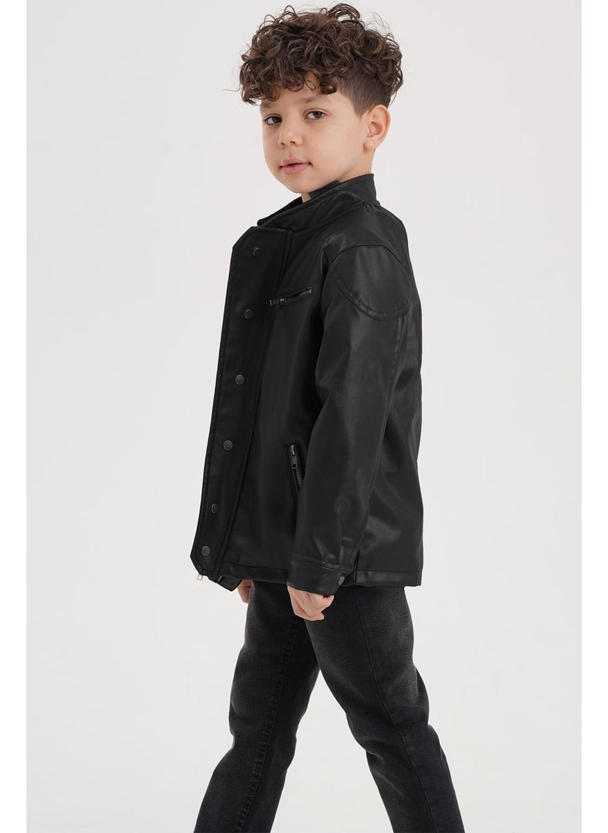 Snap-Decorated Zippered Lined Boy's Leather Jacket - pzsku/ZF8894480DD495A696C76Z/45/_/1730593386/6f841052-6d99-4885-a5ec-98aee6b04b6a