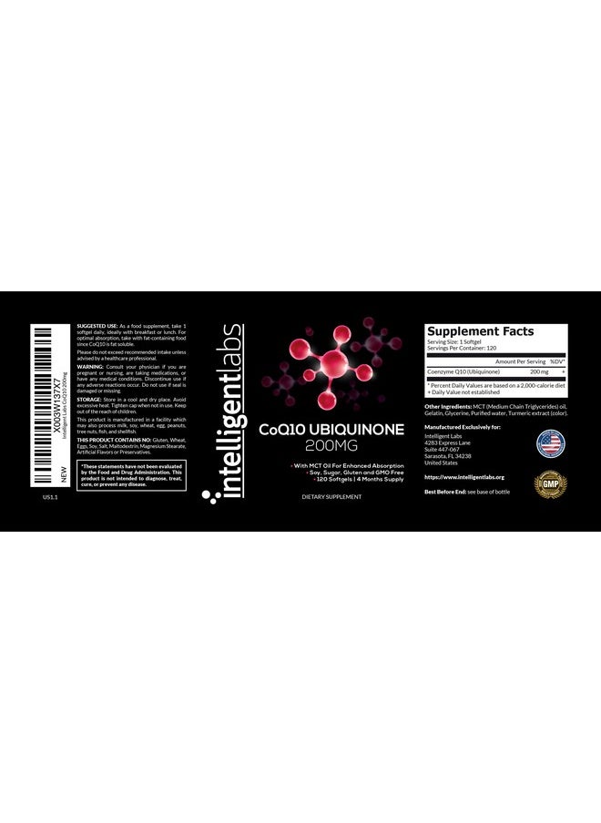 Intelligent Labs Intelligent Labs CoQ10 Ubiquinone 200mg Softgels | Coenzyme Q10 with MCT Oil for Max Absorption | Soy, Sugar, Gluten, and GMO-Free | 120 Servings | 4 Months Supply  - Image 2