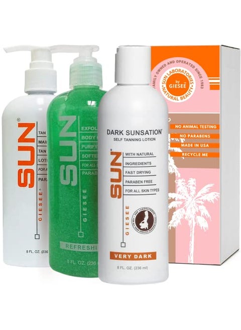Sun Laboratories By Giesee Self Tanning Lotion, Tan Extender and Body Scrub - Very Dark Sunless Tanner for Natural Face & Body Self Tan - Gradual Self Tanning Lotion for Instant Sunless Glow