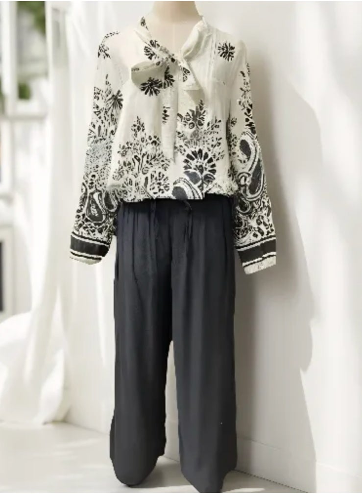 Fashion Free size Printed Casual Wide Leg Pants and Long sleeve Blouse  Set for women  - Image 4