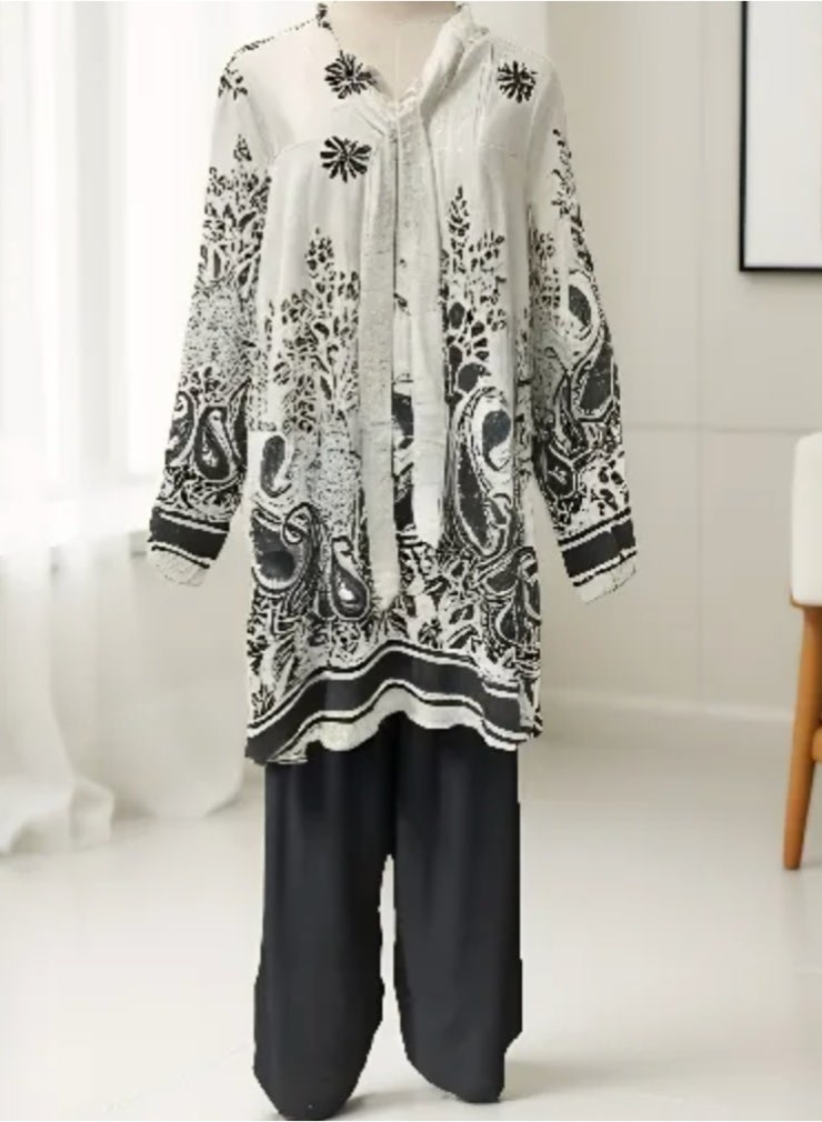 Fashion Free size Printed Casual Wide Leg Pants and Long sleeve Blouse  Set for women  - Image 1