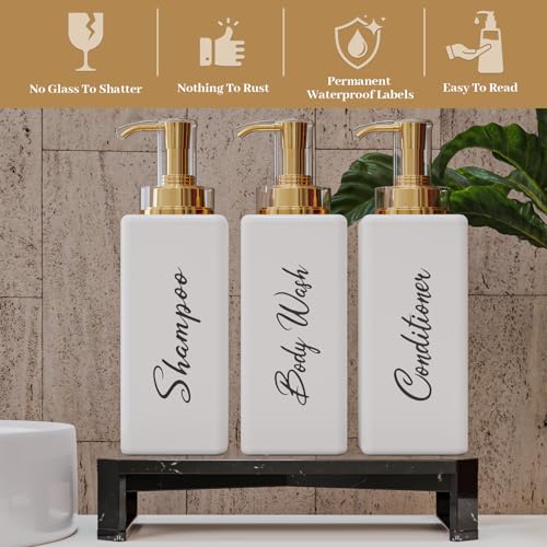 Akalin Refillable Shampoo and Conditioner Bottles, 16oz White and Gold Soap Dispenser Bathroom, Shampoo and Conditioner Dispenser for Bathroom Lotion Body Wash Massage Oils (White) - Image 2